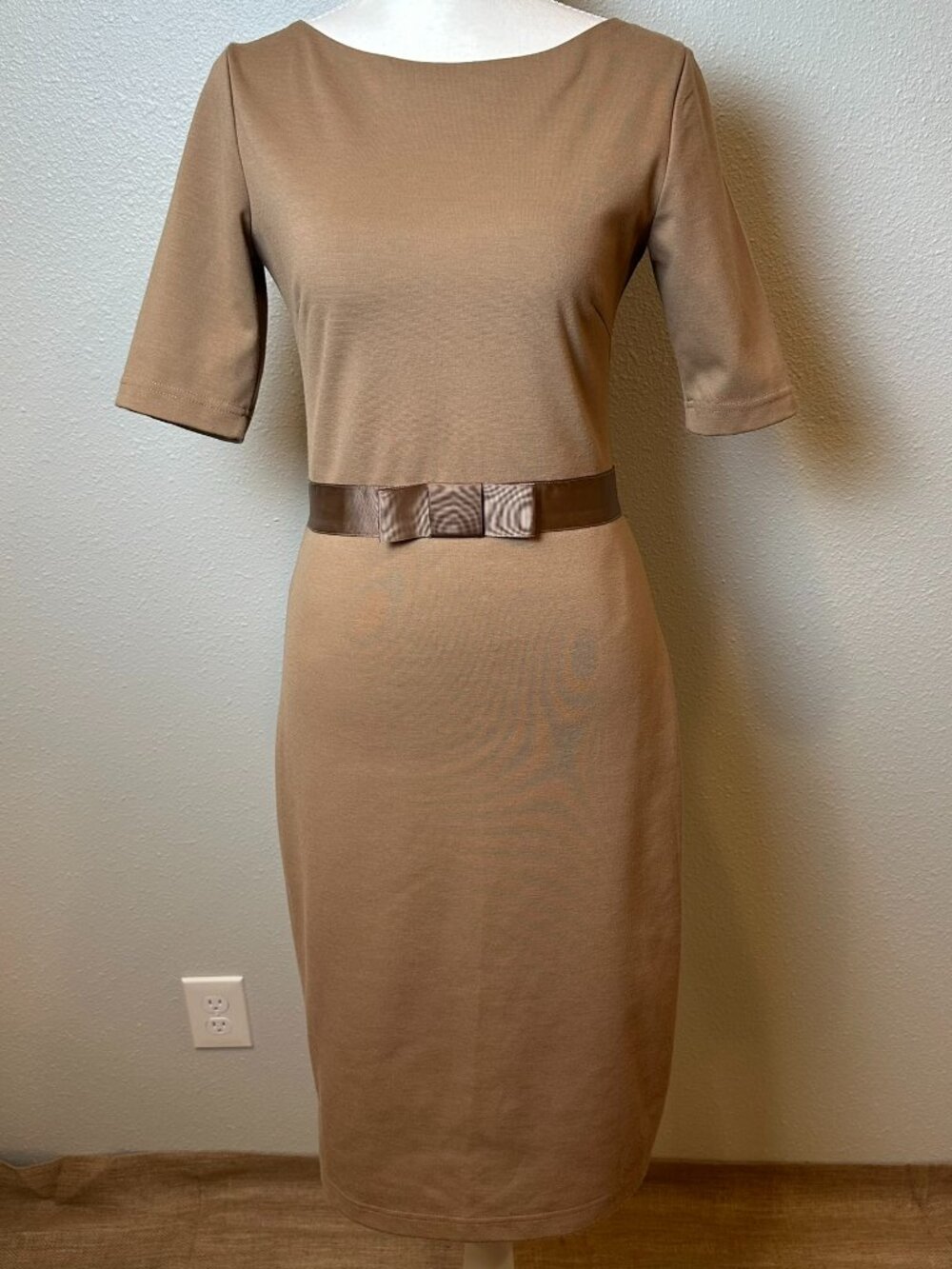 Minimalist Office Core RESERVED Tan Neutral Fitted Midi Dress Quiet Luxury S